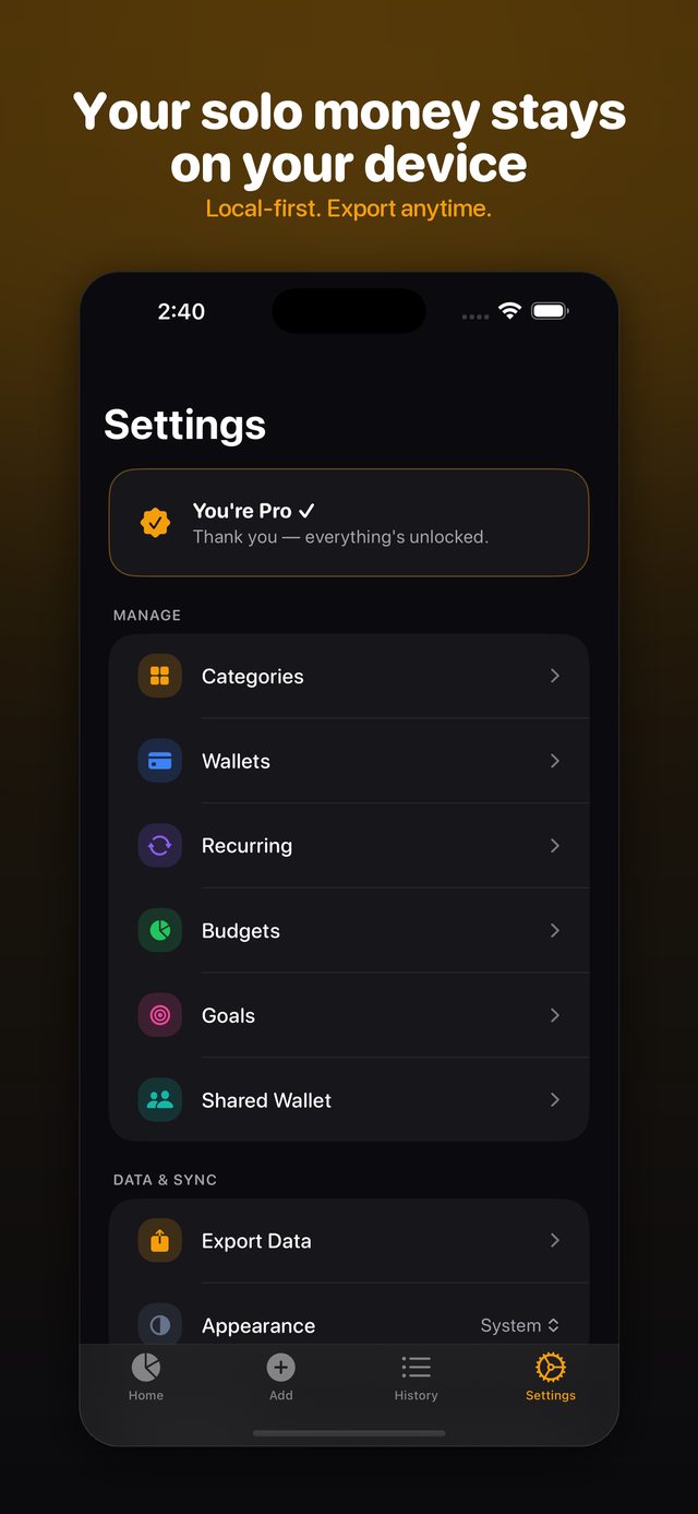 Settings — categories, wallets, budgets, goals, export