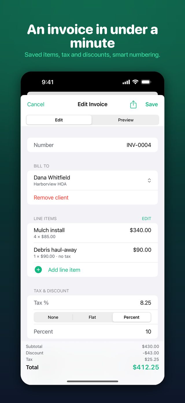 Fast invoice editor with saved items