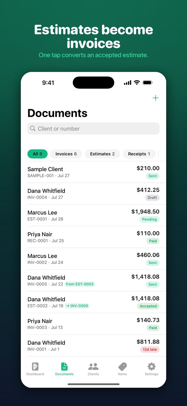 Convert an estimate to an invoice in one tap