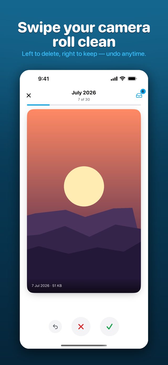 Swipe deck — left to delete, right to keep