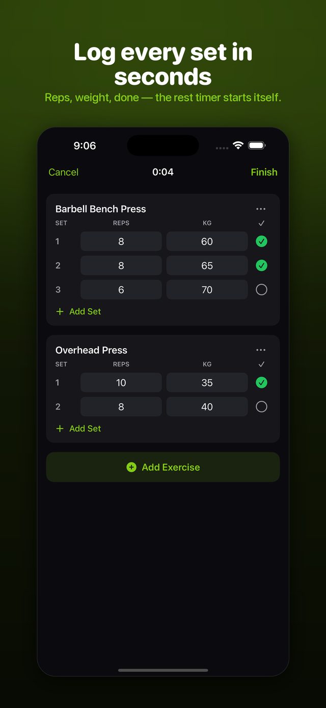 Log reps and weight set by set