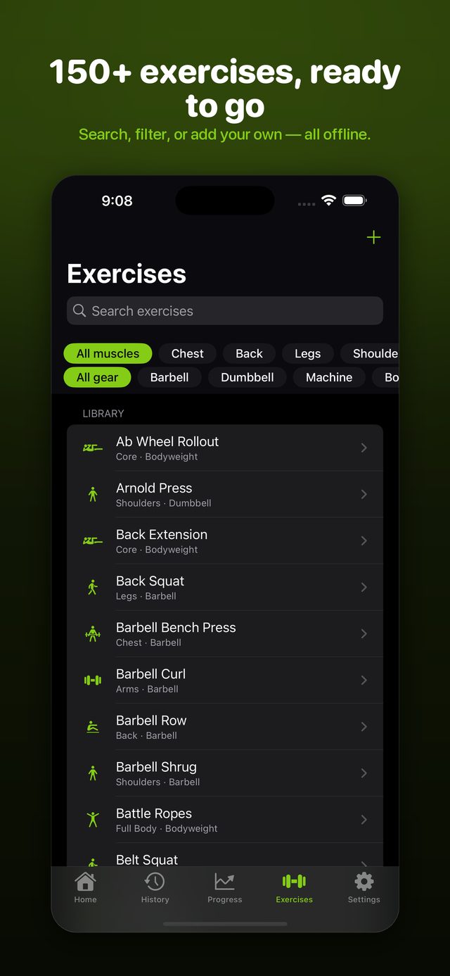 150+ exercise library, filtered by muscle