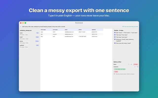 Rowmend — clean a spreadsheet with one sentence